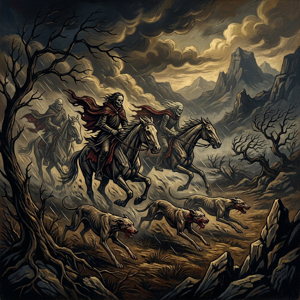 The Hunt crosses the storm-dark heath.