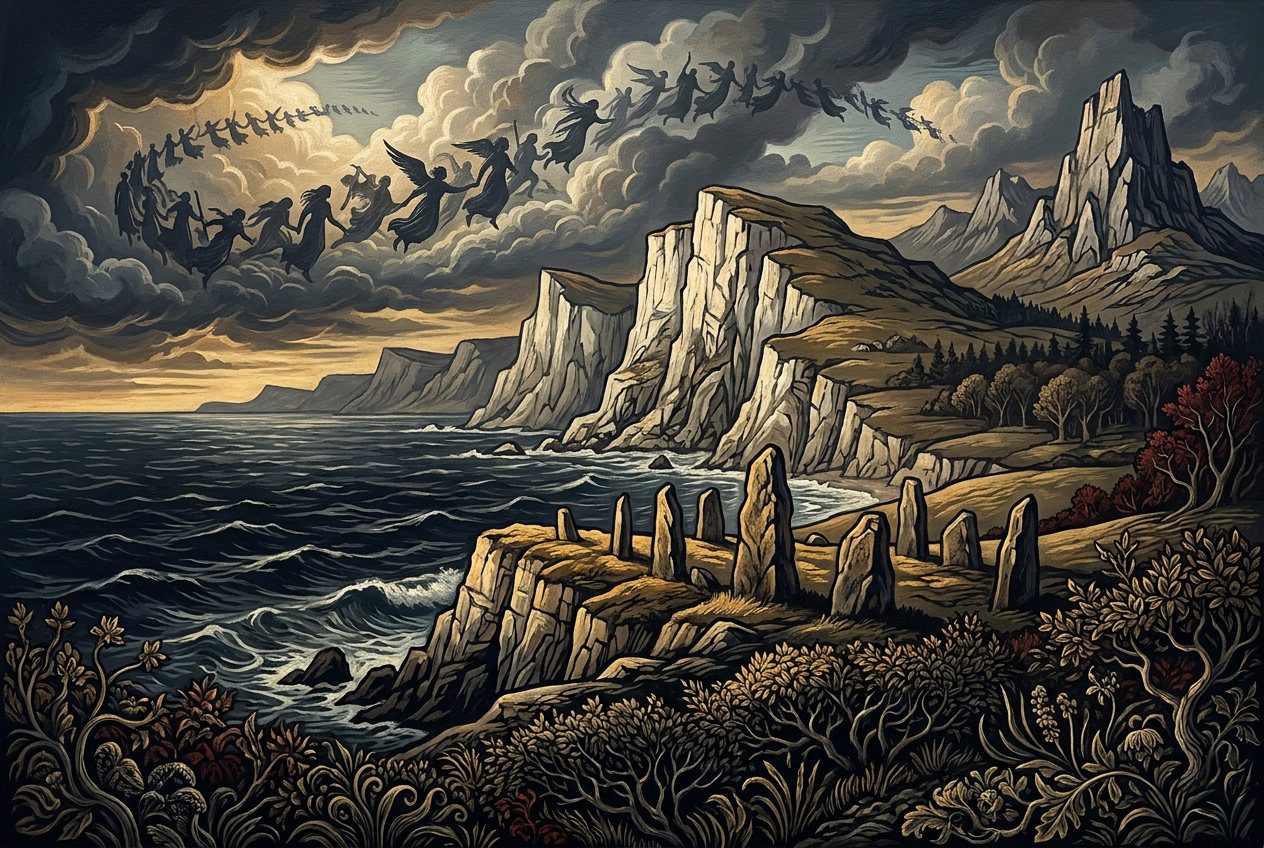 England's oldest stories gather in sky, cliff, and stone.