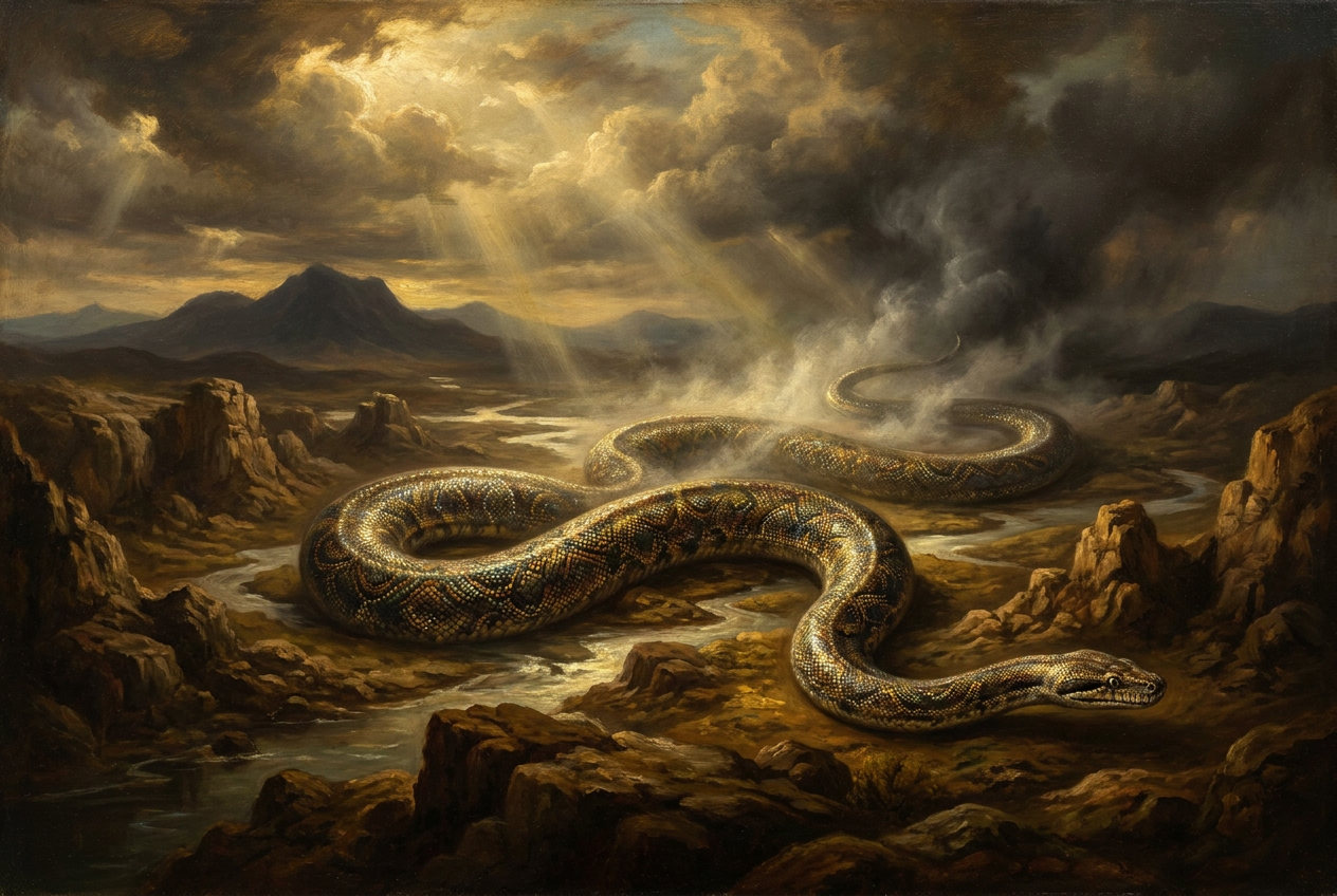 The ancestral serpent moves through water and land.