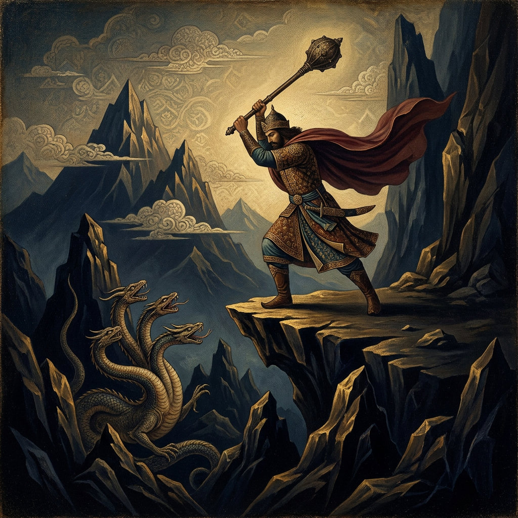 Frēdōn confronts the tyrant-serpent.
