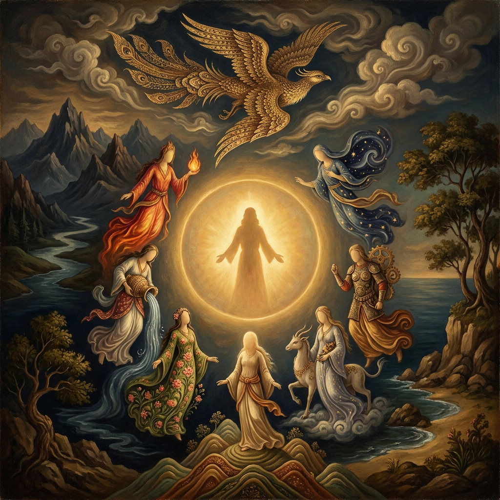 The Amesha Spentas are the 'Bounteous Immortals,' a central group of divine beings in Mazdayasna associated with Ahura Mazdā and with core aspects of creation and ethical order.