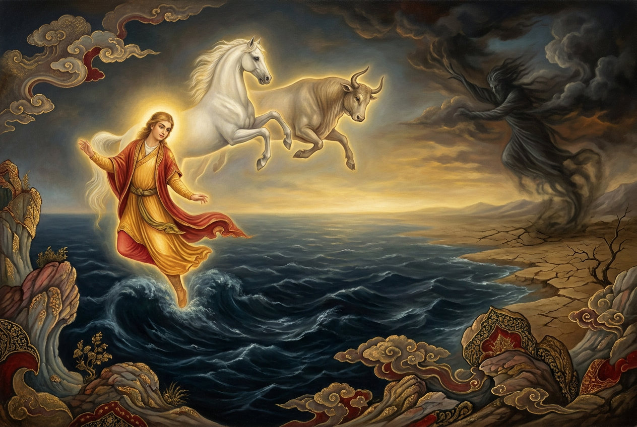 Tishtrya drives the rain against drought.