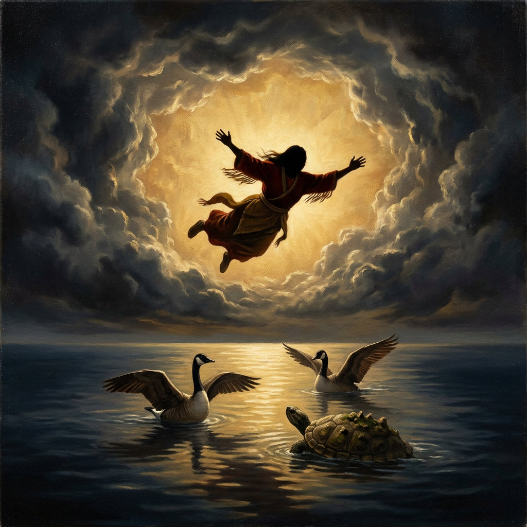 Sky Woman descends toward the waters.